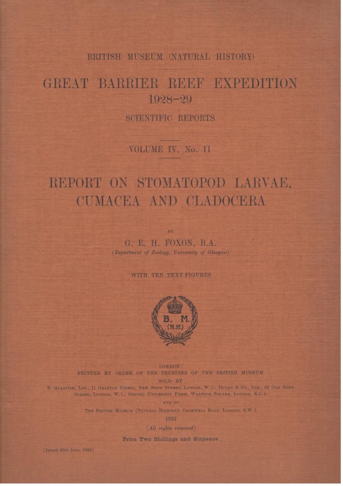 Foxon, G.E.H. - Report on Stomatopod Larvae, Cumacea   and Cladocera Great Barrier Reef Expedition 1928-29. Scientific Reports. Vol. IV, No. 11