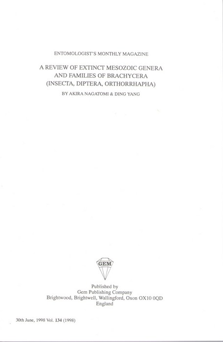 Nagatomi, A.; Yang, D. - A Review of Extinct Mesozoic Genera and Families of Brachycera (Insecta, Diptera, Orthorrhapha)