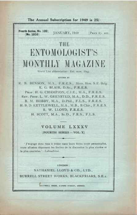  - Entomologist's Monthly Magazine Vol. 85 (1949)