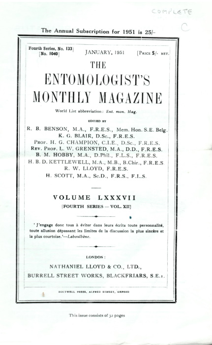  - Entomologist's Monthly Magazine Vol. 87 (1951)