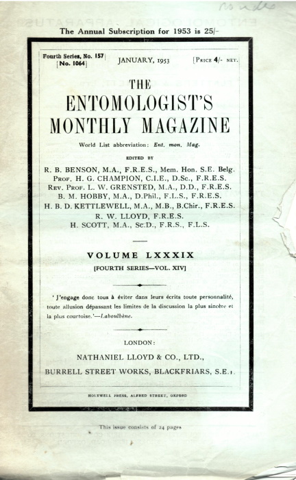  - Entomologist's Monthly Magazine Vol. 89 (1953)
