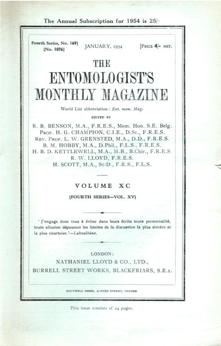  - Entomologist's Monthly Magazine Vol. 90 (1954)