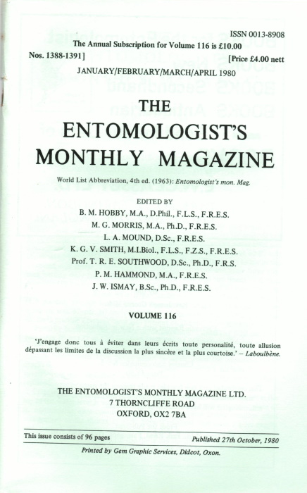  - Entomologist's Monthly Magazine Vol. 116 (1980)