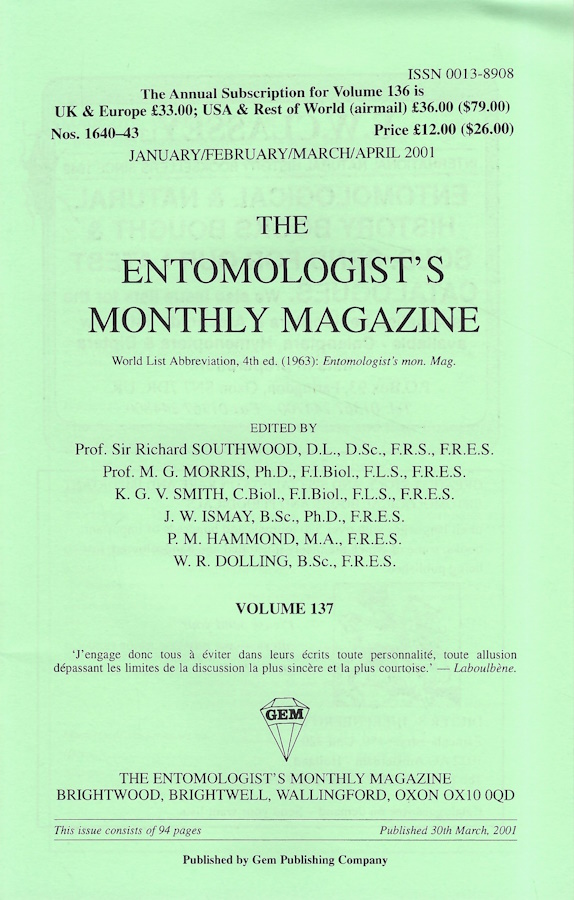  - Entomologist's Monthly Magazine Vol. 137 (2001)