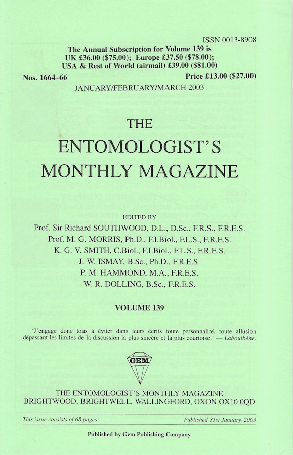  - Entomologist's Monthly Magazine Vol. 139 (2003)