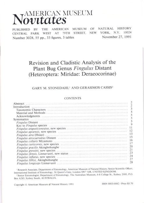 Stonedahl, G.M.; Cassis, G. - Revision and Cladistic Analysis of the Plant Bug Genus Fingulus Distant (Heteroptera: Miridae: Deraeocorinae)