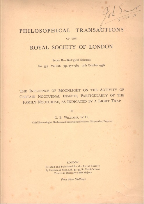 Williams, C.B. - The influence of moonlight on the activity of certain nocturnal insects, particularly of the Family Noctuidae, as indicated by a Light Trap