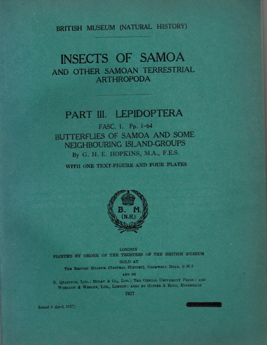 Hopkins, G.H.E. - Insects of Samoa Pt III. Lepidoptera: Fasc. 1. Butterflies of Samoa and some neighbouring island-groups