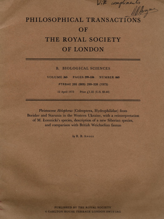 Angus, R.B. - Pleistocene Helophorus (Coleoptera, Hydrophilidae) from Borislav and Starunia in the Western Ukraine, with a reinterpretation of M.Lomnicki's species, description of a new Siberian species, and comparison with British Weichselian faunas