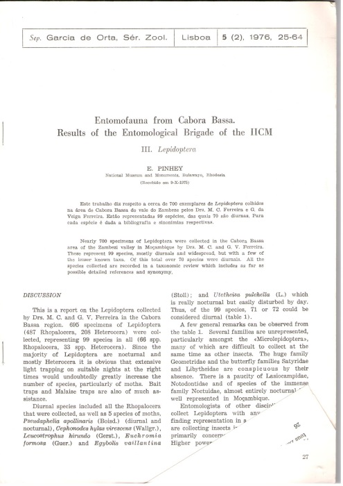 Pinhey, E. - Entomofauna from Cabora Bassa. Results of the Entomological Brigade of the IICM: III. Lepidoptera