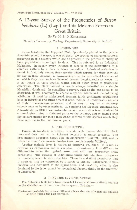 Kettlewell, H.B.D. - A 12-year survey of the frequencies of Biston betularia (L.)(Lep.) and its melanic forms in Great Britain