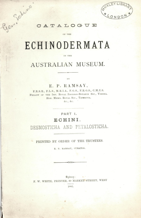 Ramsay, E.P. - Catalogue of the Echinodermata in the Australian Museum. Part 1: Echini. Desmosticha and Petalosticha