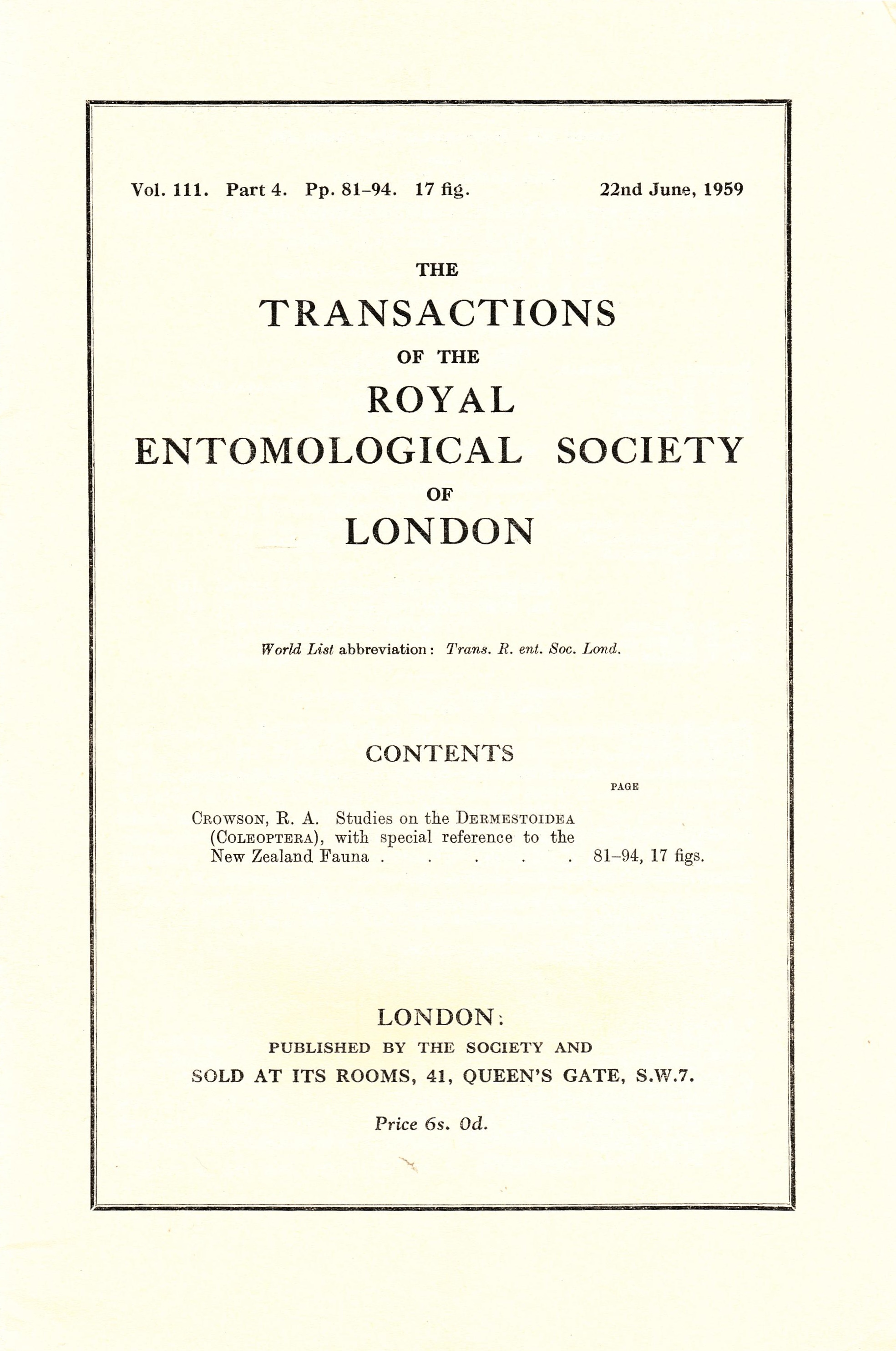 Crowson, R.A. - Studies on Dermestoidea (Coleoptera), with special reference to the New Zealand Fauna