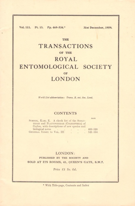 Schedl, K.E. - A Check List of the Scolytidae and Platypodidae (Coleoptera) of Ceylon with descriptions of new species and biological notes