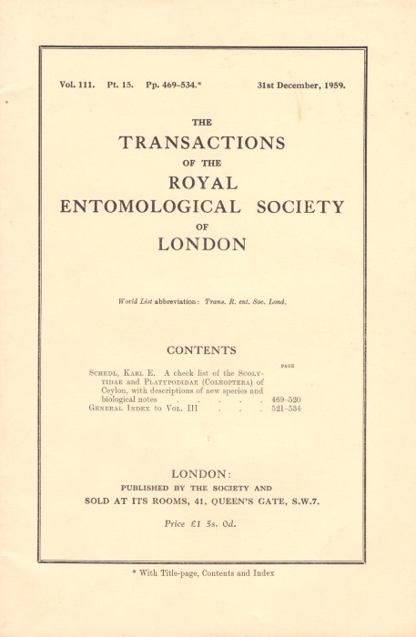 Schedl, K.E. - A Check List of the Scolytidae and Platypodidae (Coleoptera) of Ceylon with descriptions of new species and biological notes