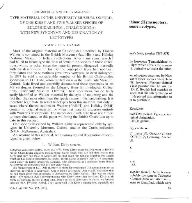 Graham, M.W.R. de V. - Collection of 12 short papers on Hymenoptera 1960-1991