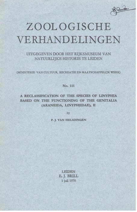 Helsdingen, P.J. van - A Reclassification of the Species of Linyphia Latreille based on the Functioning of the Genitalia (Araneida, Linyphiidae) I-II