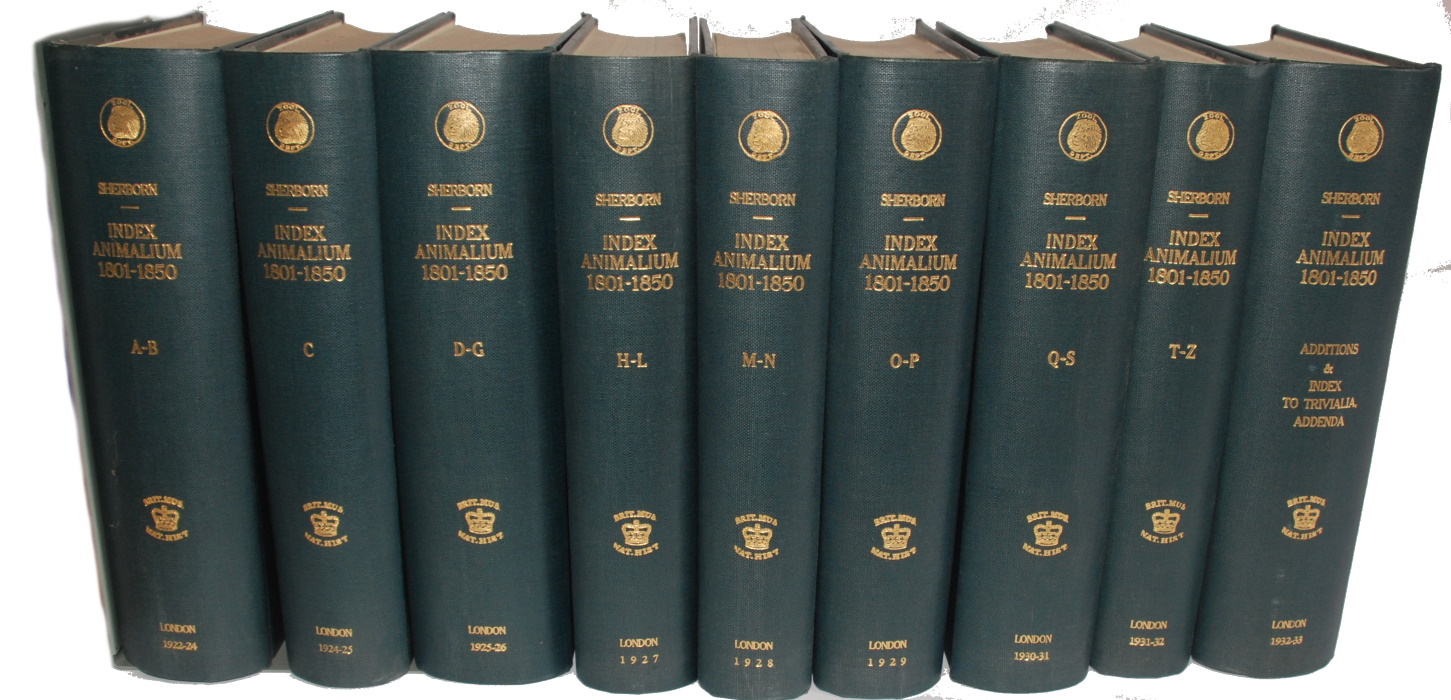 Sherborn, C.D. - Index Animalium sive index nominum quae ab A.D. MDCCLVIII generibus et speciebus animalium imposita sunt. Sectio Secunda, 1801-1850. Pt 1-33