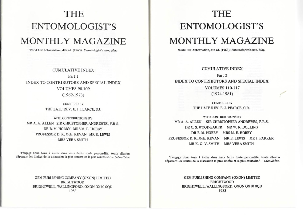  - Entomologist's Monthly Magazine. Cumulative Index to vols 98-117 (1962-1981)