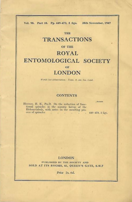 Hinton, H.E. - On the  reduction of functional spiracles in the aquatic larvae of the Holometabola, with notes on the moulting process of spiracles