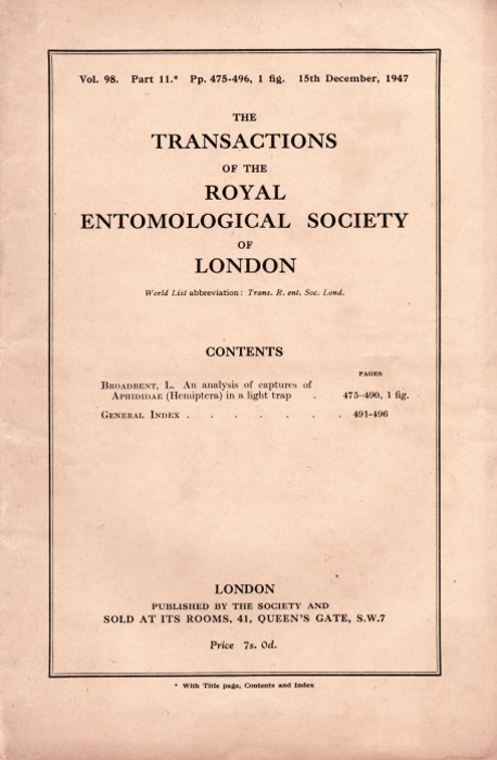 Broadbent, L. - An analysis of captures of Aphididae (Hemiptera) in a light trap