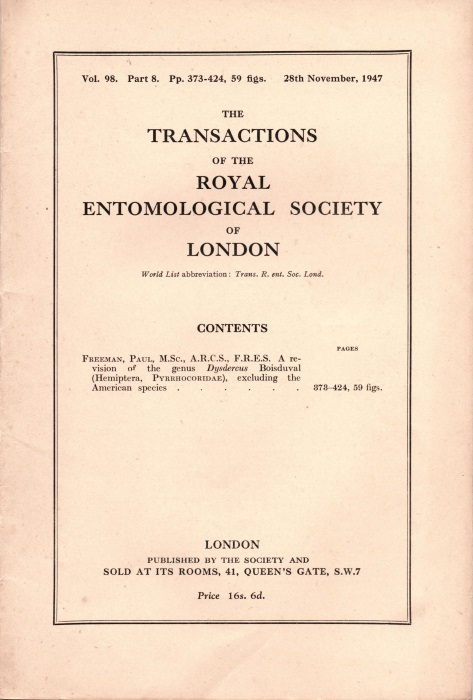 Freeman, P. - A Revision of the Genus Dysdercus Boisduval (Hemiptera, Pyrrhocoridae),excluding the American Species