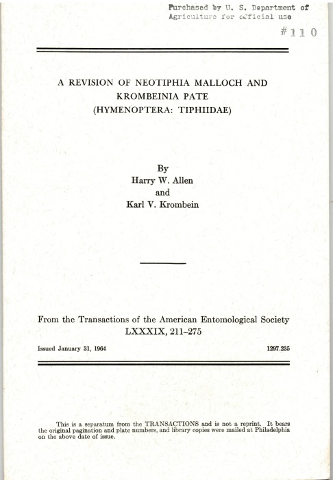 Allen, H.W.; Krombein, K.V. - A Revision of Neotiphia Malloch and Krombeinia Pate (Hymenoptera: Tiphidae)