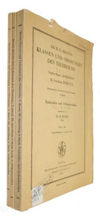 Beier, M. - Dr. H.G. Bronns Klassen und Ordnungen des Tierreichs. Bd. 5, Abt. III: Insecta. 6: Pt. 1-3. Embioidea und Orthopteroidea