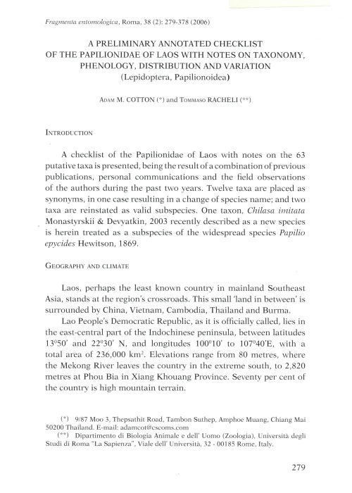 Racheli, T.; Cotton, A. - A Preliminary Annotated Checklist of Papilionidae of Laos with notes on Taxonomy, Phenology, Distribution and Variation