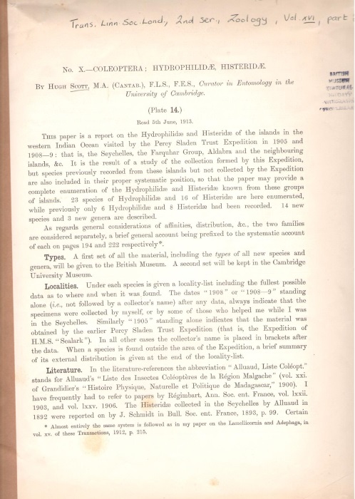 Scott, H. - The Percy Sladen Trust Expedition to the Indian Ocean in 1905. No. X: Coleoptera; Hydrophilidae, Histeridae