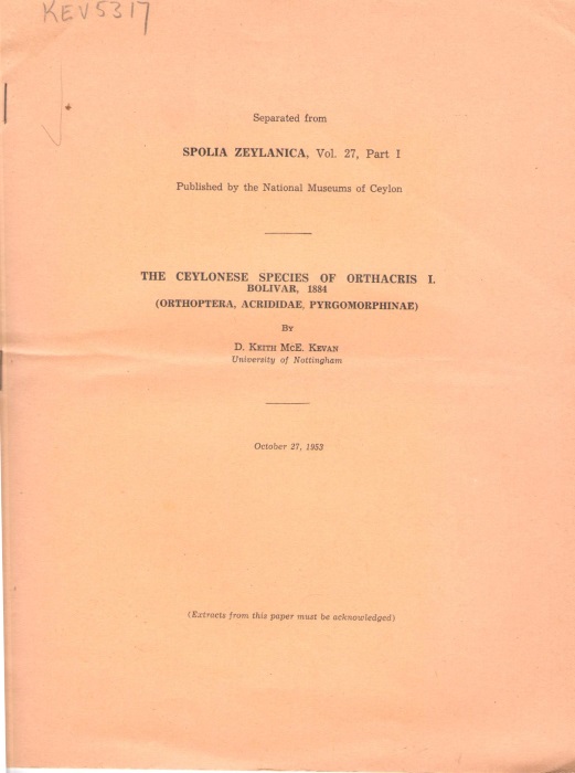 Kevan, D.K.McE. - The Ceylonese Species of Orthacris I. Bolivar, 1884 (Orthoptera, Acrididae, Pyrgomorphinae)