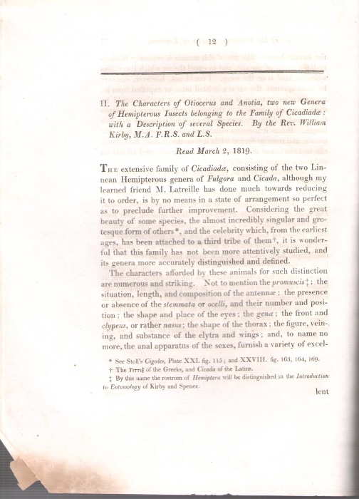 Kirby, W. - The Characters of Oticerus and Anotia, two new Genera of Hemipterous Insects belonging to the Family of Cicadiadae: with a Description of several Species