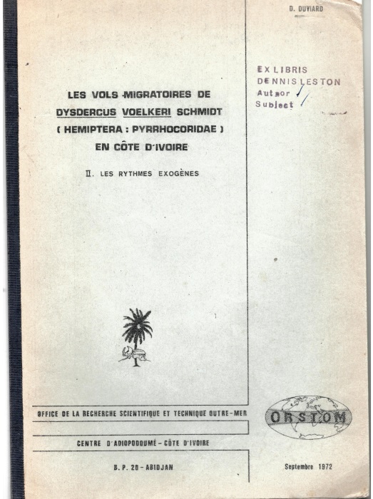 Duviard, D. - Les Vols Migratoires de Dysdercus voelkeri Schmidt (Hemiptera: Pyrrhocoridae) en Cote d'Ivoire. Pt.2 Les Rythmes Exognes