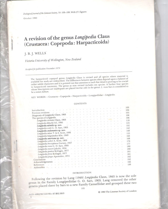 Wells, J.B.J. - A Revision of the Genus Longipedia Claus (Crustacea: Copepoda: Harpacticoida)