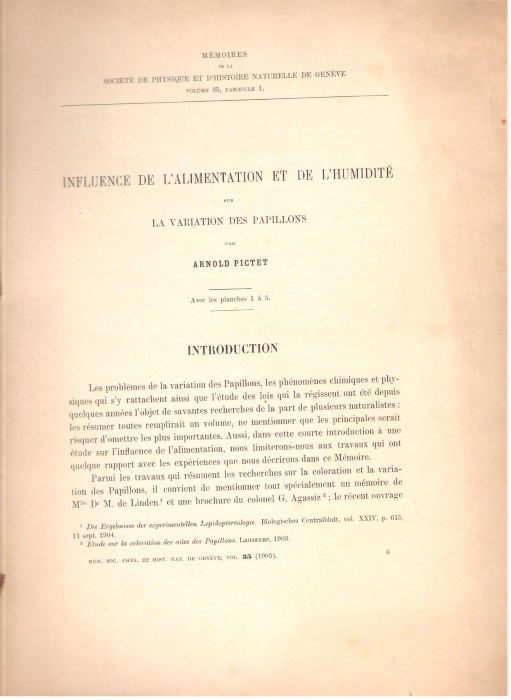 Pictet, A. - Influence de l'Alimentation et de l'Humidite sur la Variation des Papillons