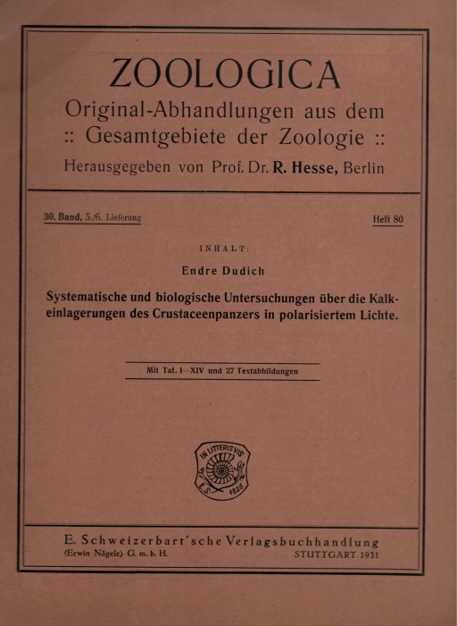 Dudich, E. - Systematische biologische  Untersuch- ungen ber die Kalkeinlagerungen des Crustaceenpanzers in polarisiertem Lichte