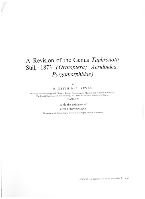 Kevan, D.K.McE. - A Revision of the Genus Taphronota Stal, 1873 (Orthoptera; Acridoidea; Pyrgomorphidae)