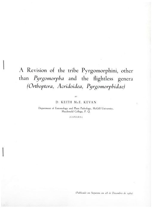 Kevan, D.K.McE. - A Revision of tribe Pyrgomorphini, other than Pyrgomorpha and the Flightless Genera (Orthoptera; Acridoidea, Pyrgomorphidae)