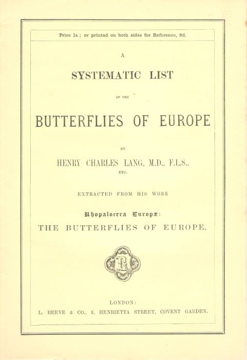 Lang, H.C. - A Systematic List of the Butterflies of Europe