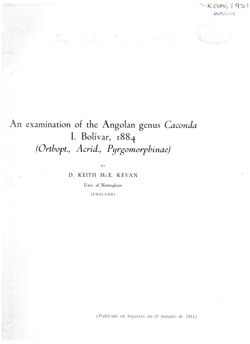Kevan, D.K.McE. - An Examination of the Angolan genus Caconda  I. Bolivar, 1884 (Orthopt., Acrid., Pyrgomorphine)