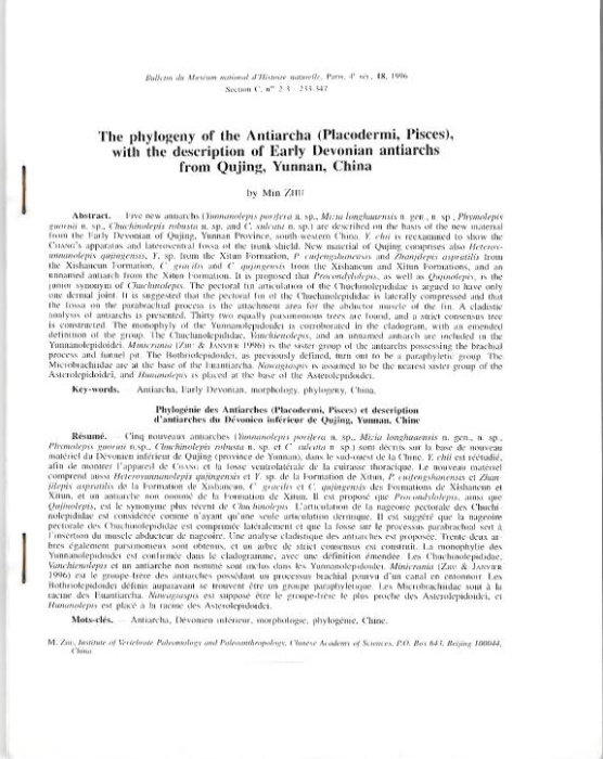 Zhu, M. - The Phylogeny of the Antiarcha (Placodermi, Pisces), with the description of Early Devonian Antiarchs from Qujing, Yunnan, China