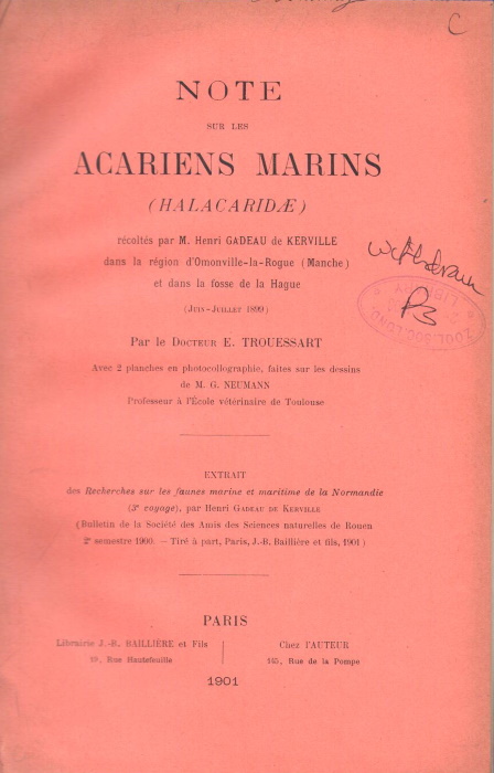 Trouessart, E. - Note sur les Acariens Marins (Halacaridae): rcolts par M. Henri Gadeau de Kerville dans la rgion d'Omonville-la-Rogue (Manche) et dans la fosse de la Hague