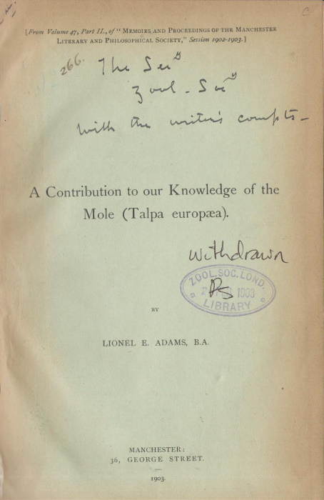Adams, L.E. - A Contribution to our Knowledge of the Mole (Talpa europaea)