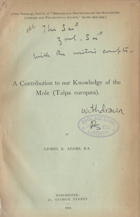 Adams, L.E. - A Contribution to our Knowledge of the Mole (Talpa europaea)