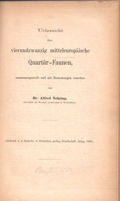 Nehring, A. - Uebersicht ber vierundzwanzig mitteleuropische Quartr-Faunen zusammengestellt und mit Bemerkungen versehen