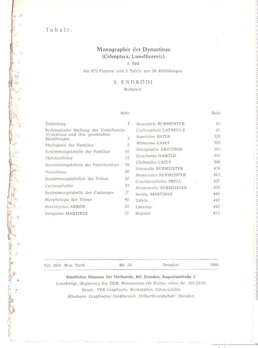 Endrodi, S. - Monographie der Dynastinae (Coleoptera, Lamellicornia). 1. Teil