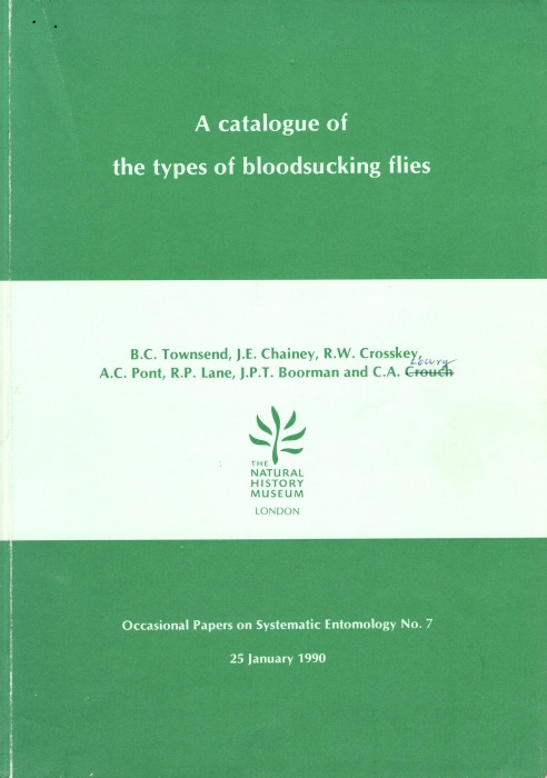 Townsend, B.C.; Chainey, J.E.; Crosskey, R.W.; Pont, A.C. et al - A catalogue of the types of bloodsucking flies in the British Museum (Natural History)