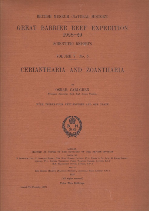 Carlgren, O - Ceriantharia and Zoantharia Great Barrier Reef Expedition 1928-29. Scientific Reports. Vol. V, No. 5