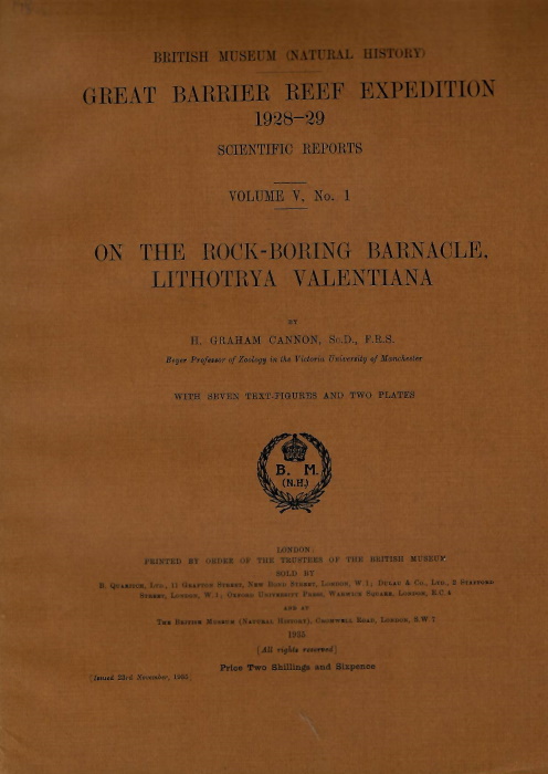 Cannon, H.G. - On the Rock-boring Barnacle, <i>Lithotrya Valentiana</i> Great Barrier Reef Expedition 1928-29. Scientific Reports. Vol. V, N. 1