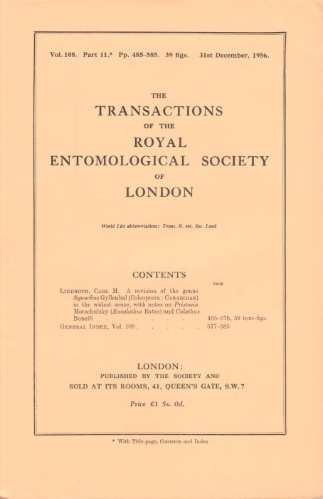 Lindroth, C.H. - A Revision of the Genus <i>Synuchus</i> Gyllenhal (Coleoptera: Carabidae) in the widest sense, with notes on <i>Pristosia</i> Motschulsky (<i>Eucalathus</i> Bates) and <i>Calathus</i> Bonelli
